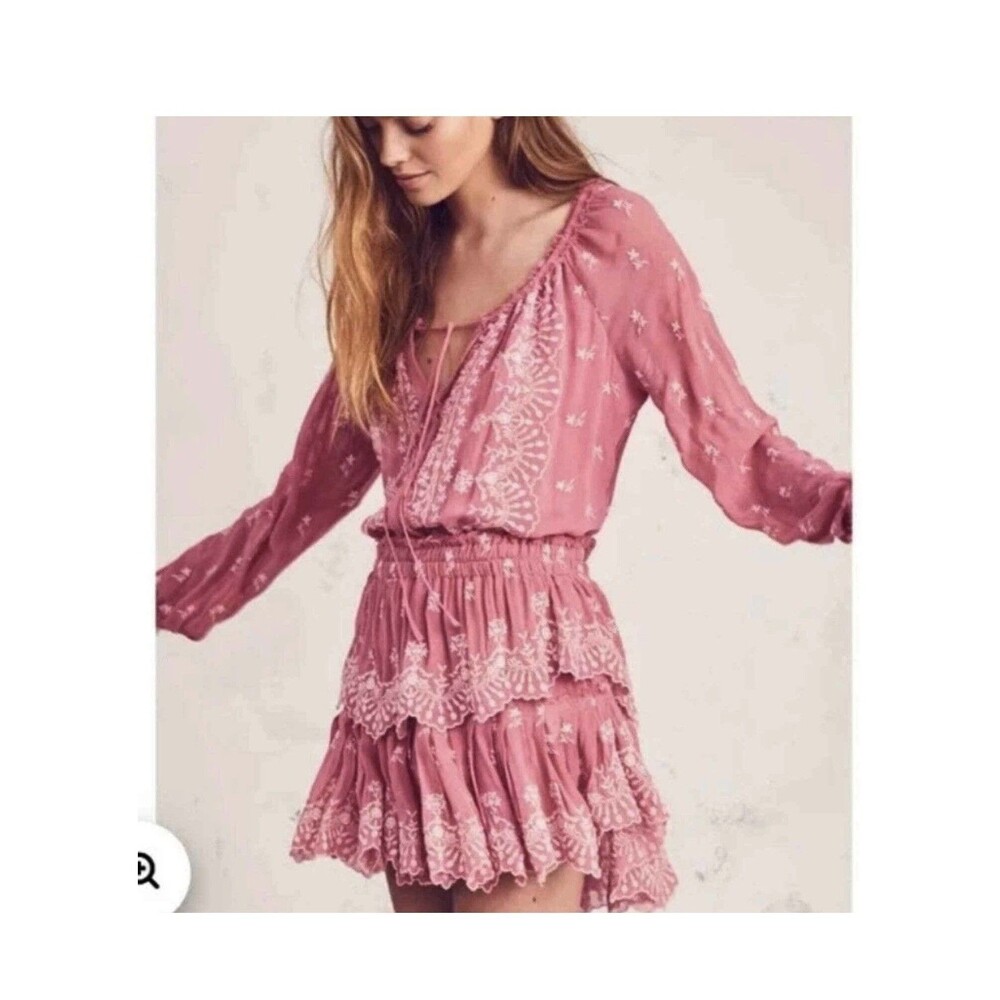 LoveShackFancy Tea Rose Pink Floral Embroidered Mini Dress, Small